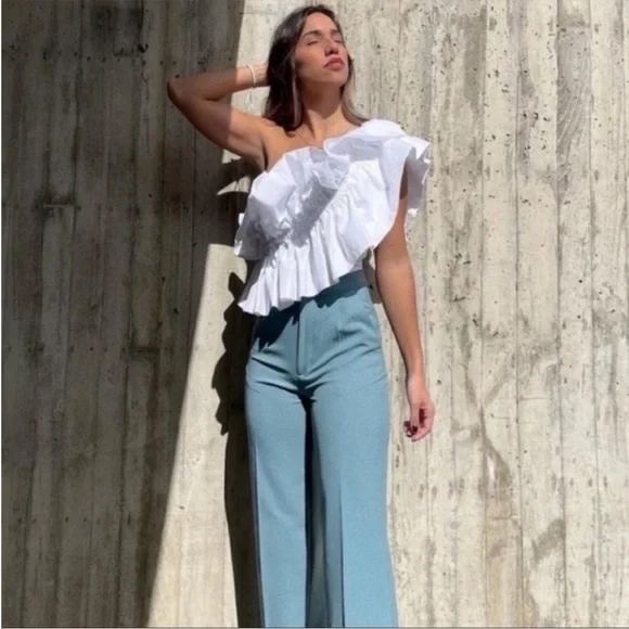 Zara one shoulder ruffle Poplin‎ top size small NWT - Picture 2 of 13